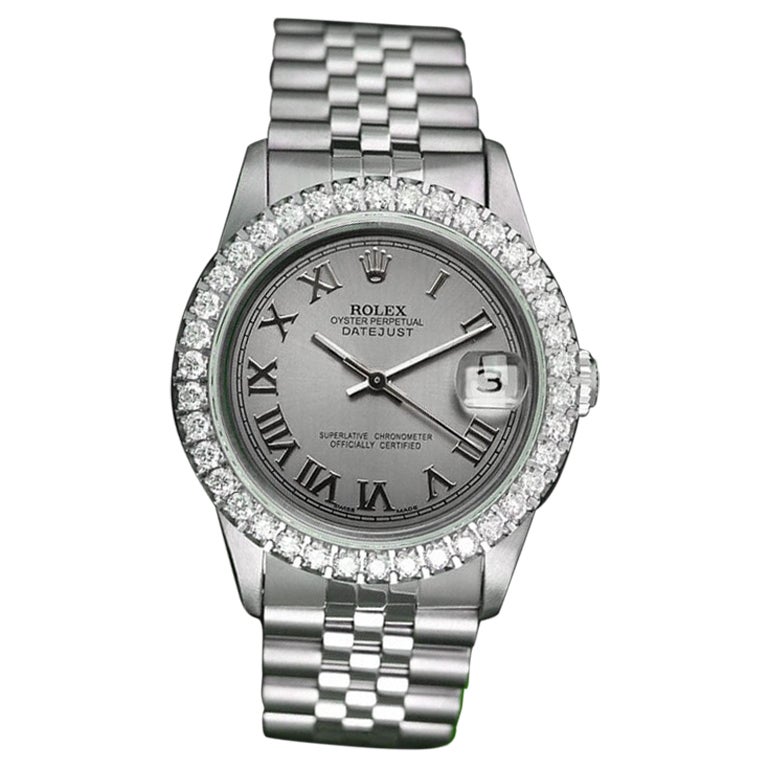 Rolex Datejust Diamond Bezel Grey Roman Dial Jubilee Watch For Sale