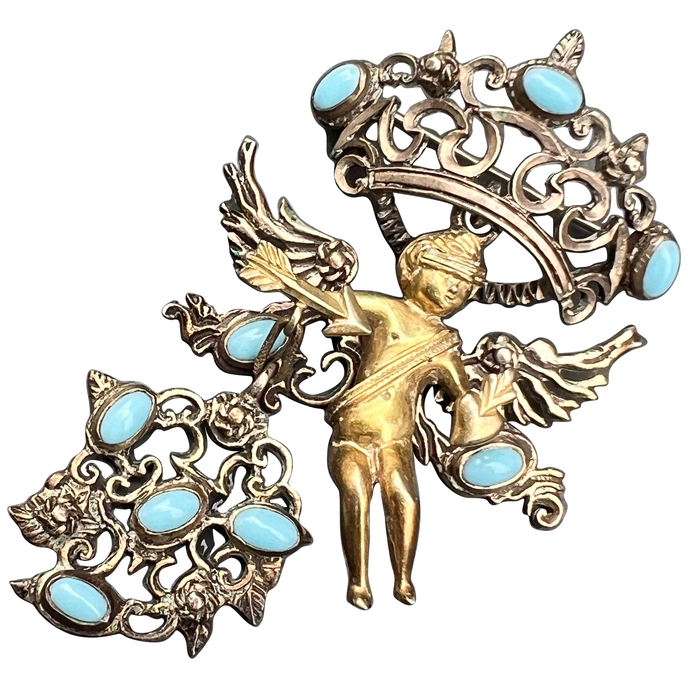 Renaissance Revival Austro Hungarian Angel Cherub Gilt Silver Pendant Pin For Sale