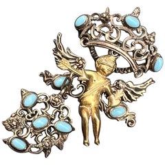 Renaissance Revival Austro Hungarian Angel Cherub Gilt Silver Pendant Pin