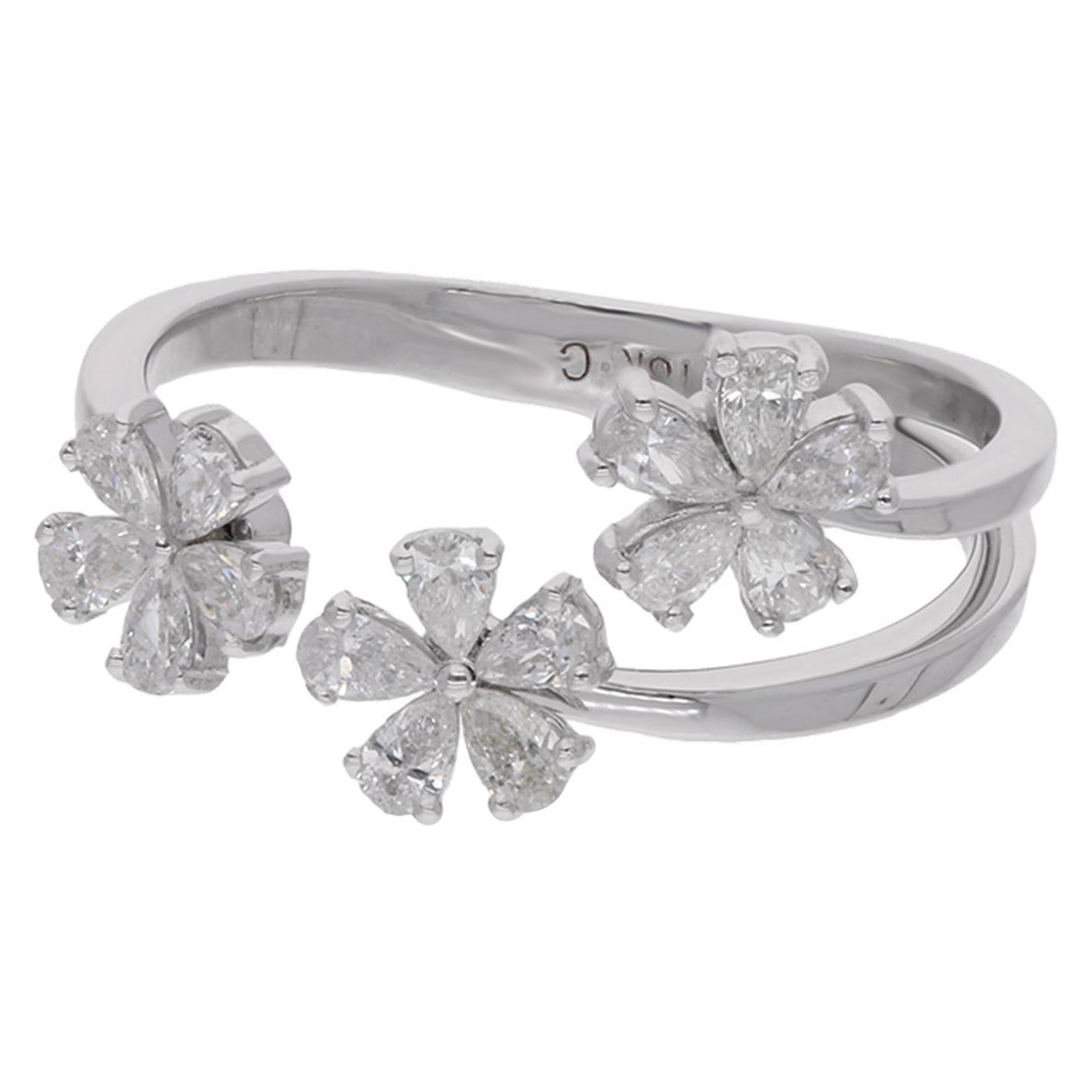 0.56ct Pear Diamond Three Flower Cuff Ring 18 Karat White Gold Handmade Jewelry For Sale
