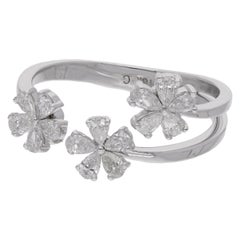 0.56ct Pear Diamond Three Flower Cuff Ring 18 Karat White Gold Handmade Jewelry