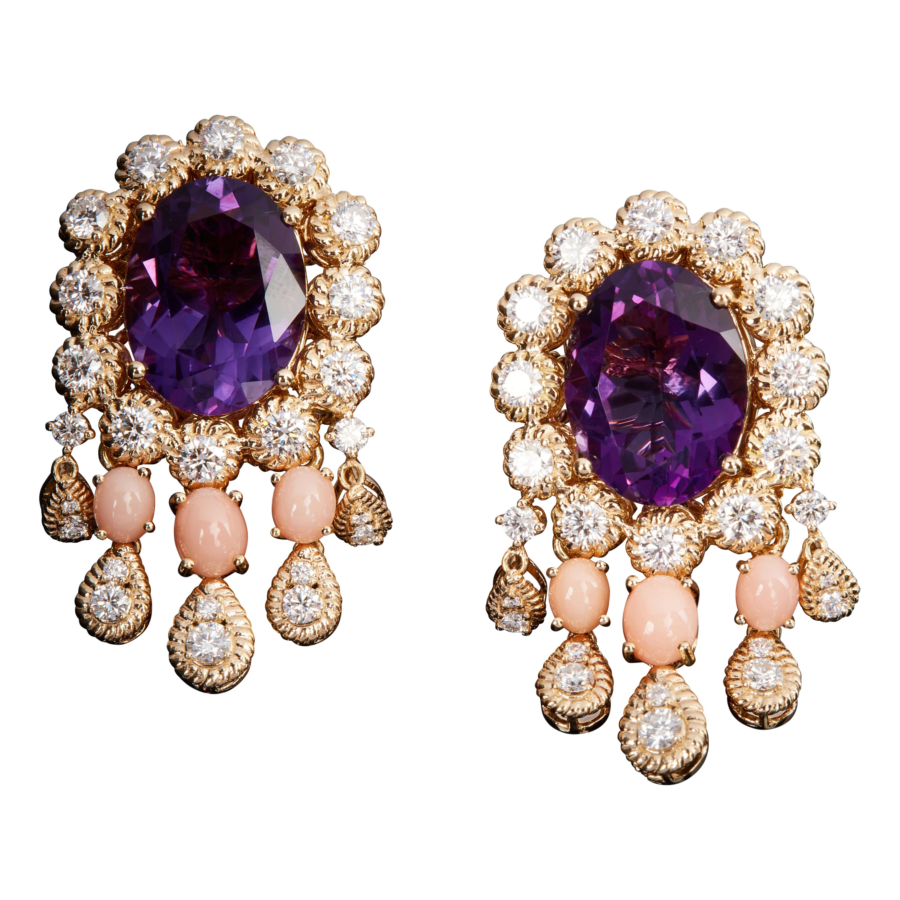 Veschetti 18 Kt Yellow Gold, Amethyst, Coral and Diamond Earrings For Sale