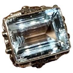 30 Carat Aquamarine Rose Cut Diamond Ruby Ring 18 Karat Gold Vintage Cocktail