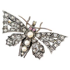 Antique Butterfly Rose Cut Diamond Ruby Pearl Pendant Brooch Necklace Victorian