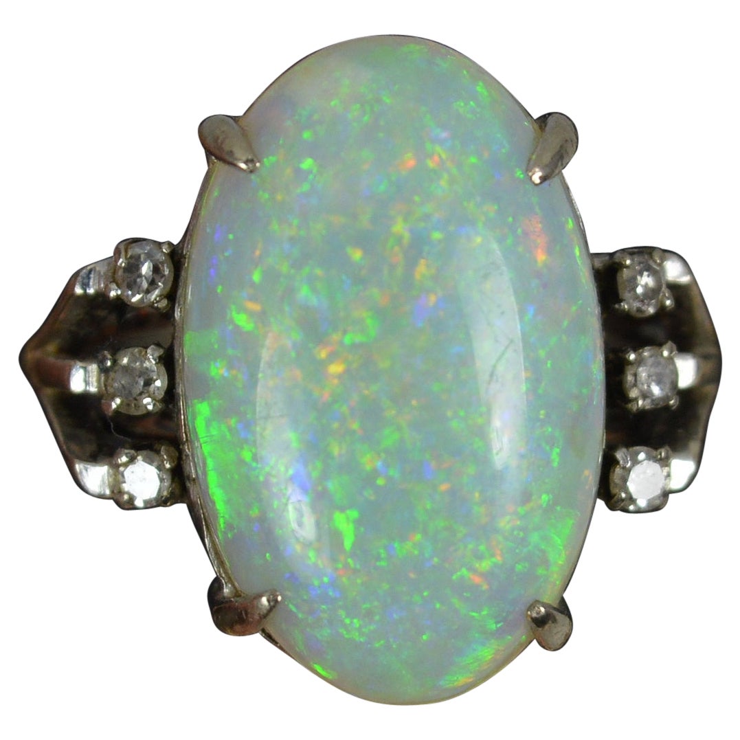 Antique Large Colourful Opal and Diamond 18 Carat White Gold Cluster Ring