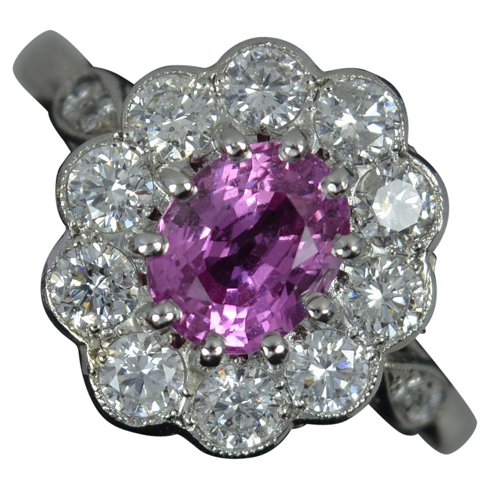 Stunning Platinum Pink Sapphire and Diamond Engagement Cluster Ring For Sale