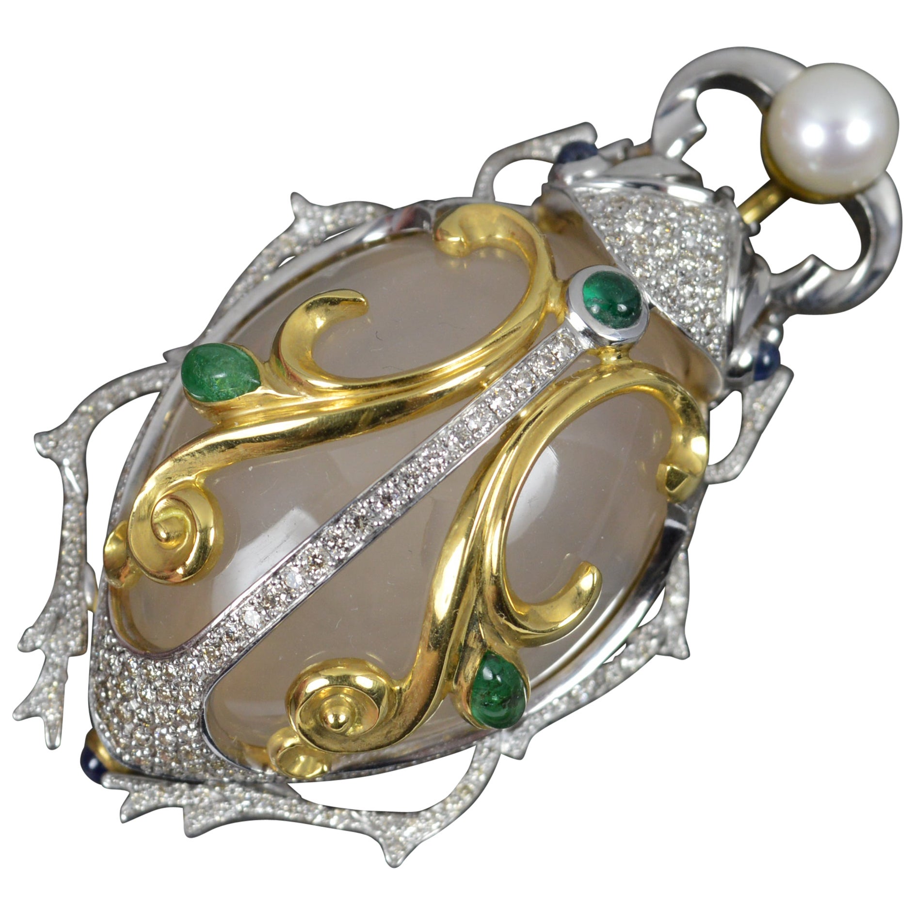 Unglaubliche BEETLE-Brosche, 18 Karat Gold Achat Saphir Smaragd Perle Diamant 44,7 g