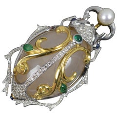 Incredible 18ct Gold Agate Sapphire Emerald Pearl Diamond Beetle Brooch 44.7g