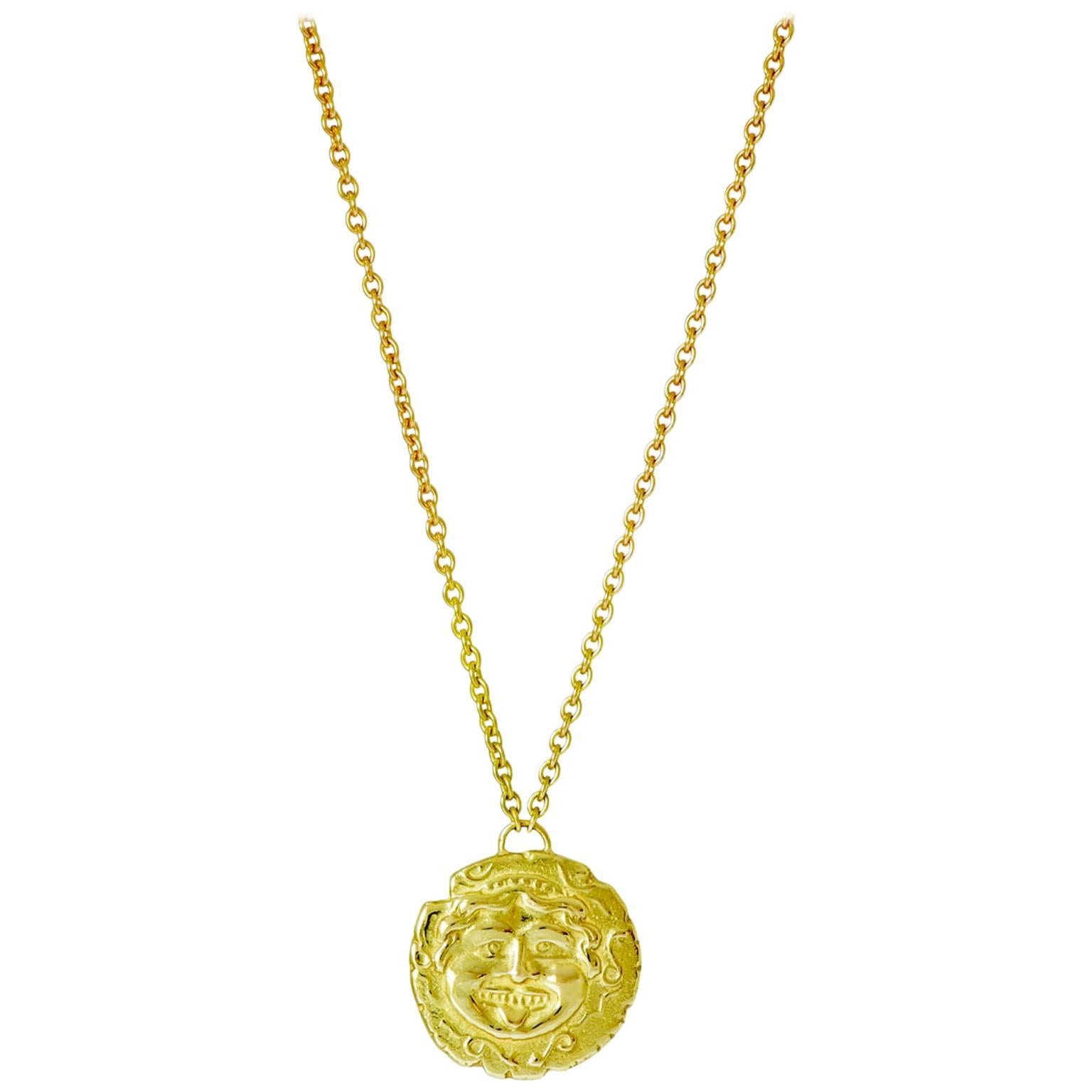 Medusa 18 Karat Yellow Gold Coin Necklace For Sale