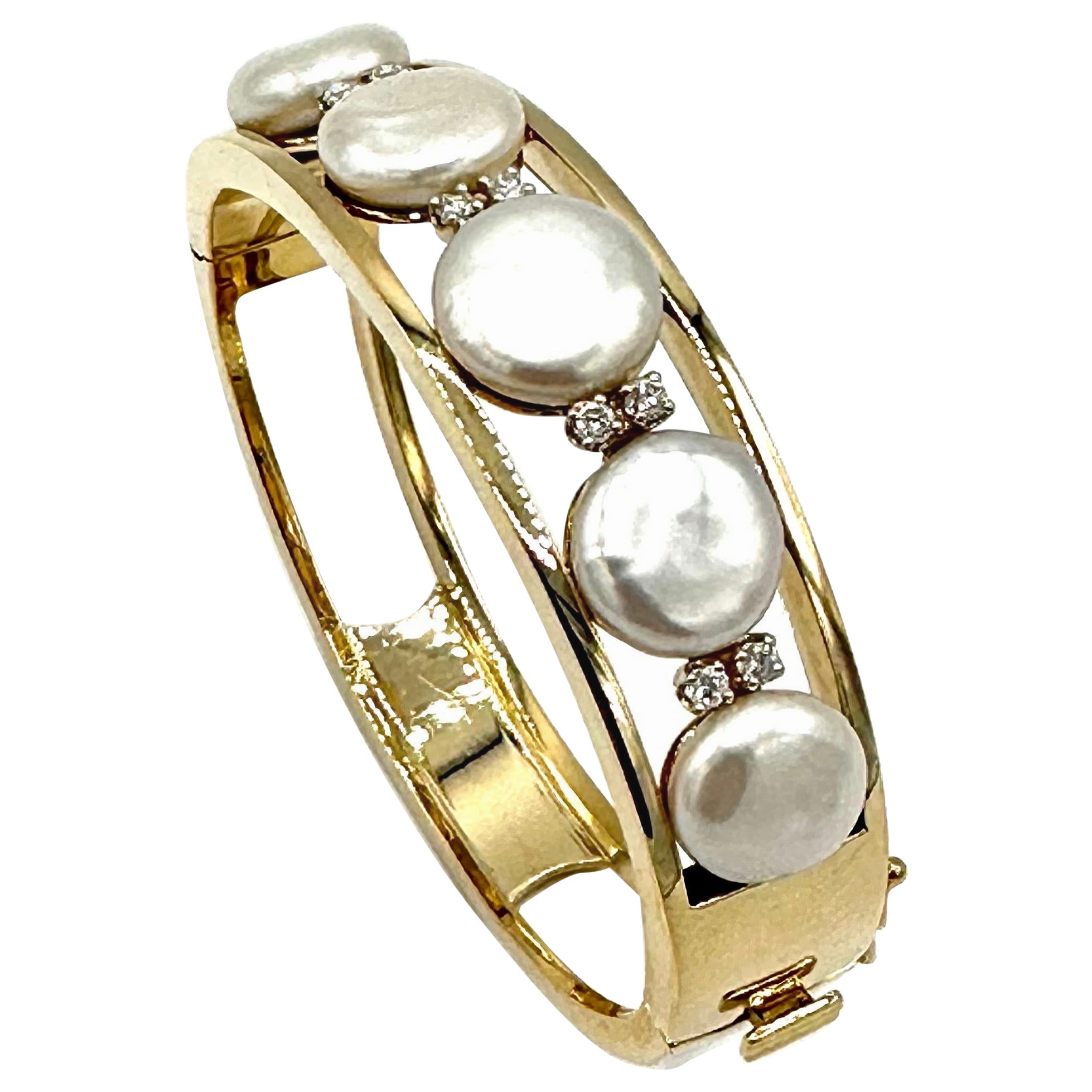 Gumps Round Brilliant Diamond and Coin Pearl 18k Yellow Gold Bangle Bracelet