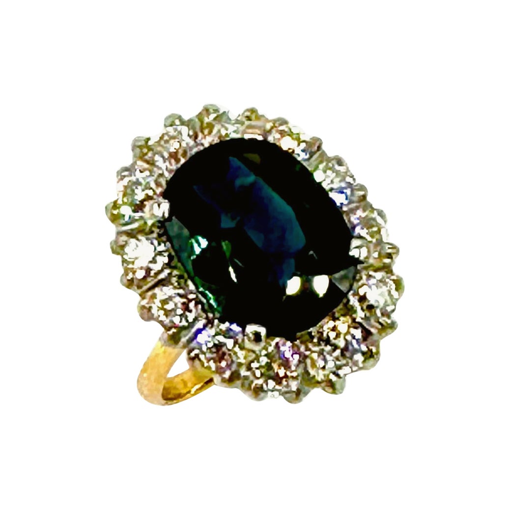 5.01 Carat Greenish Blue Oval Sapphire and Diamond Platinum and Gold Ring For Sale