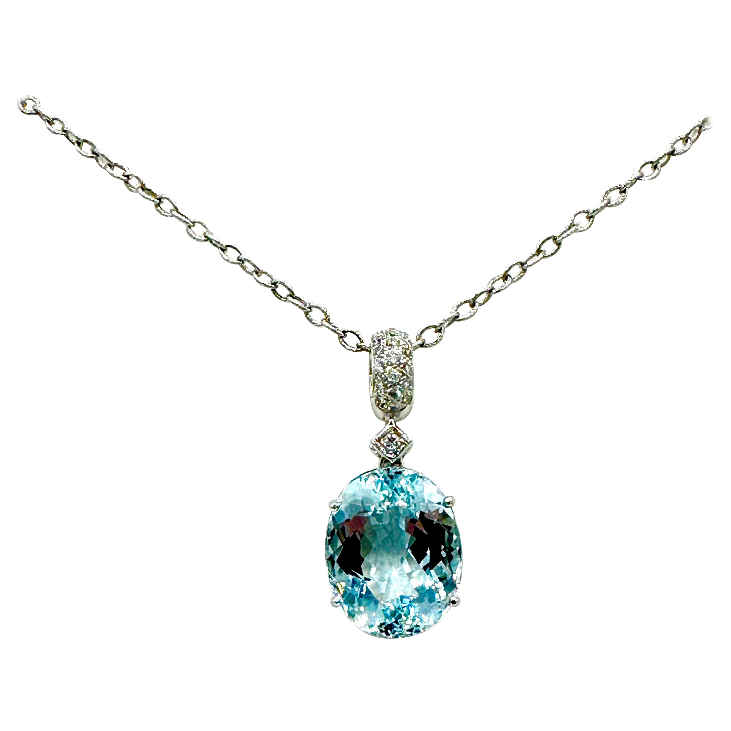 15.08 Carat Oval Aquamarine and Round Brilliant Diamond Pendant Necklace