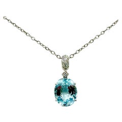 15.08 Carat Oval Aquamarine and Round Brilliant Diamond Pendant Necklace