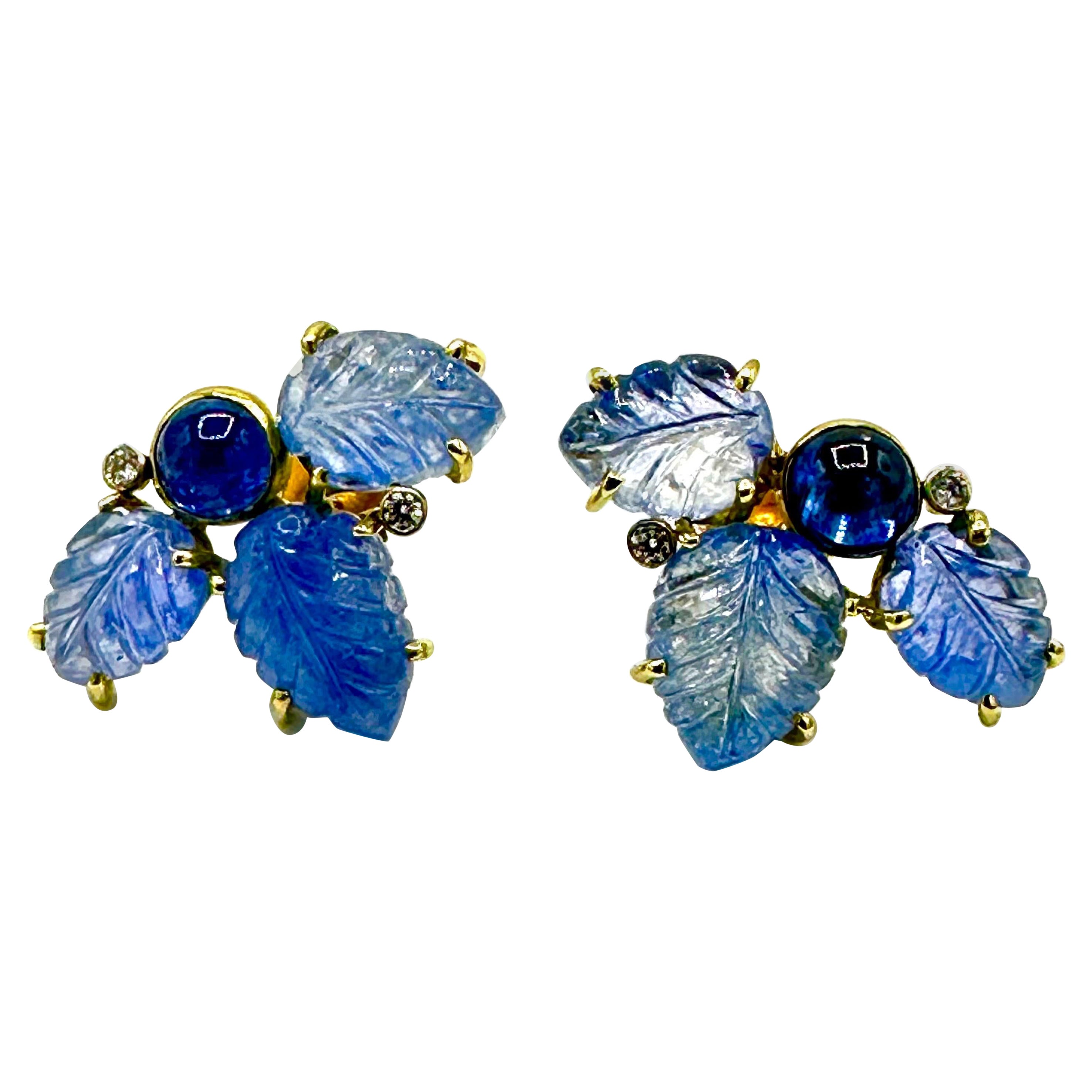 Mazza Carved Sapphire and Diamond 18k Yellow Gold Earrings