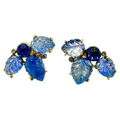 Mazza Carved Sapphire and Diamond 18k Yellow Gold Earrings