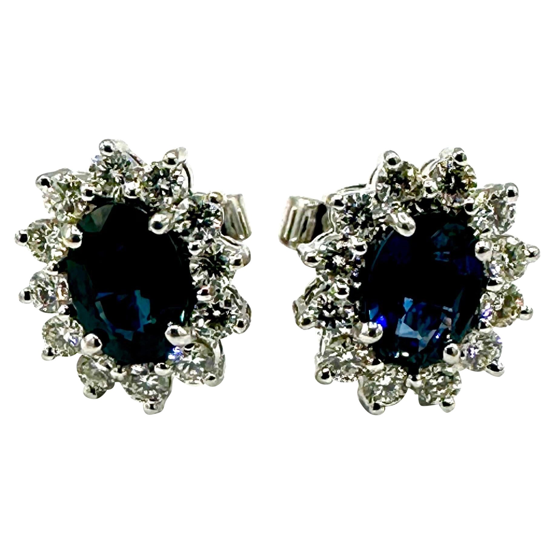 1.26 Carat Oval Sapphire and Round Brilliant Diamond 18k White Gold Earrings For Sale