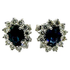 1.26 Carat Oval Sapphire and Round Brilliant Diamond 18k White Gold Earrings