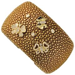 Large Shagreen Leather Diamond Gold Cuff Bracelet 5