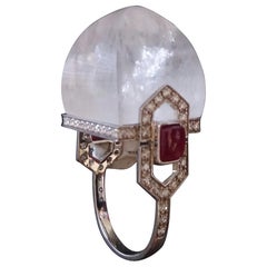 Art Deco Style 14 Karat Gold Diamonds Rubies Rock Crystal Pyramid Cocktail Ring