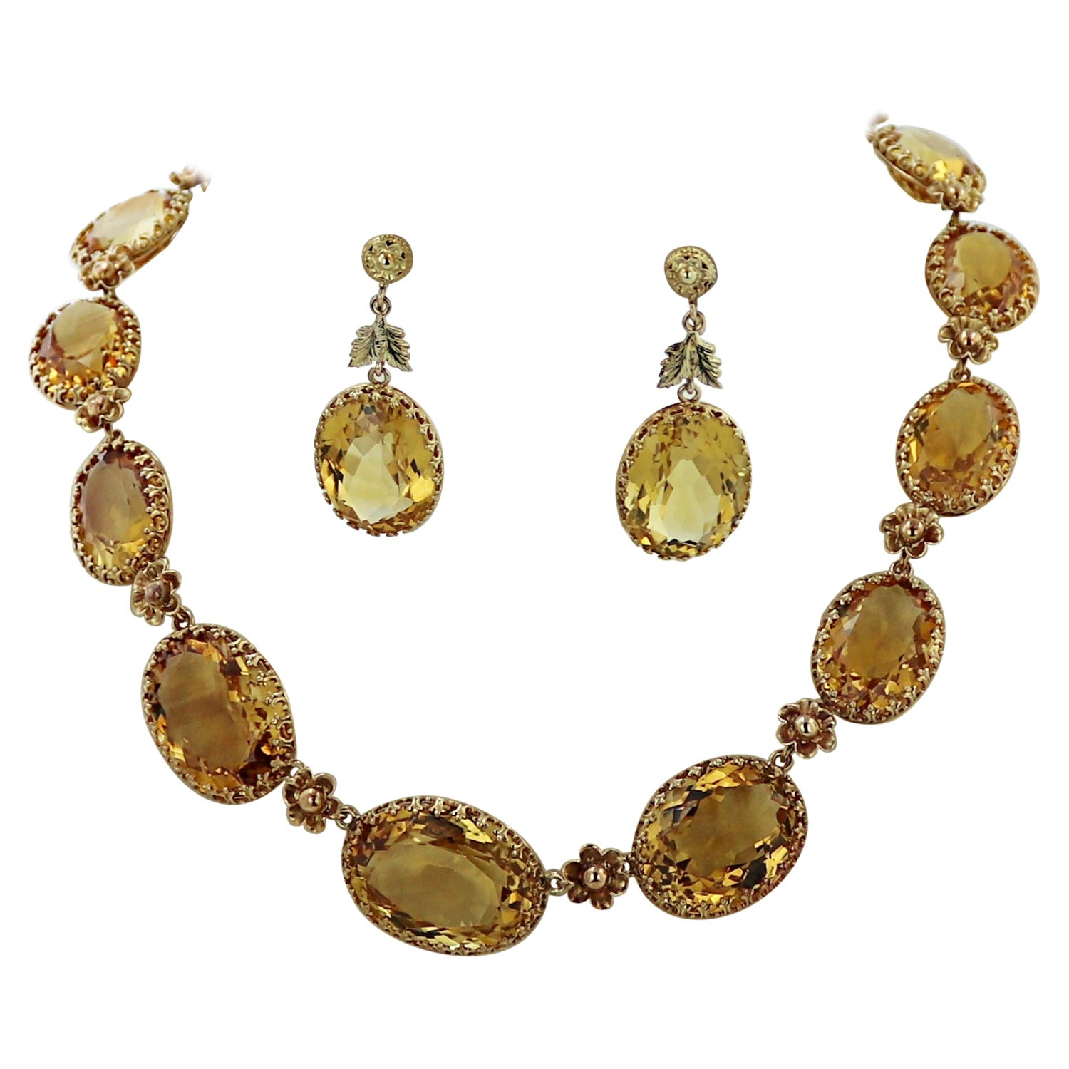 Citrine, 14k Yellow Gold Necklace and Earrings Suite For Sale