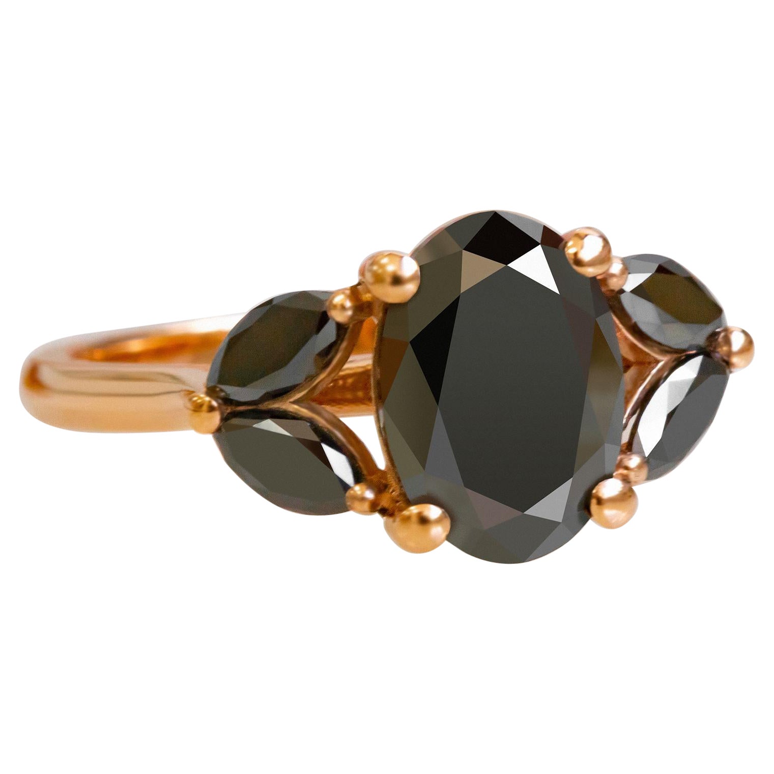 2.6 Carats Oval & Marquise Cut Black Diamond Floral Art Deco Ring 14k Rose Gold For Sale