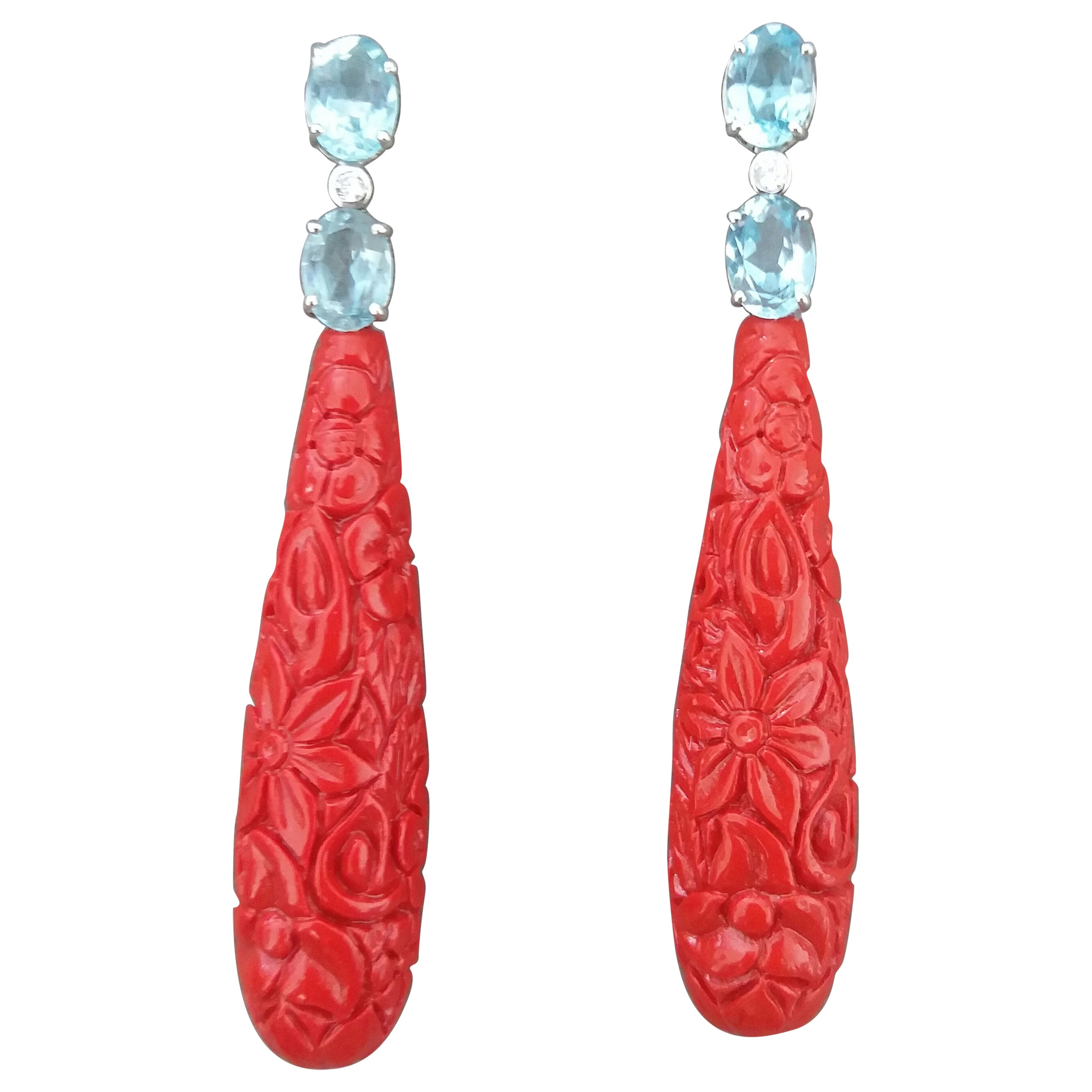 Faceted Blue Topaz White Gold Diamonds Carved Chinese Red Lacquer Drop Earrings For Sale