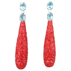 Faceted Blue Topaz White Gold Diamonds Carved Chinese Red Lacquer Drop Earrings
