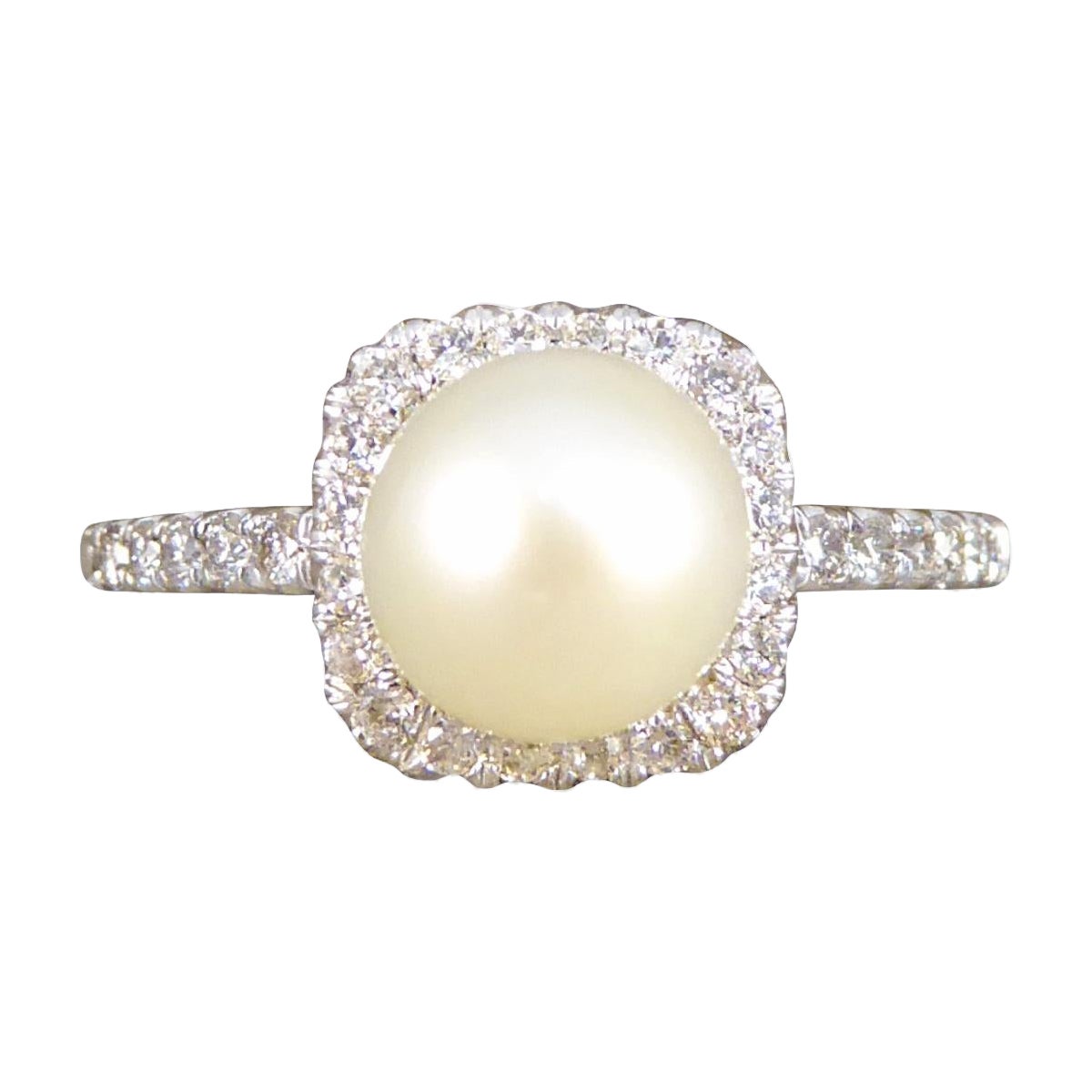 Fresh Water Culture Pearl and Diamond Square Halo Ring in White Gold For Sale