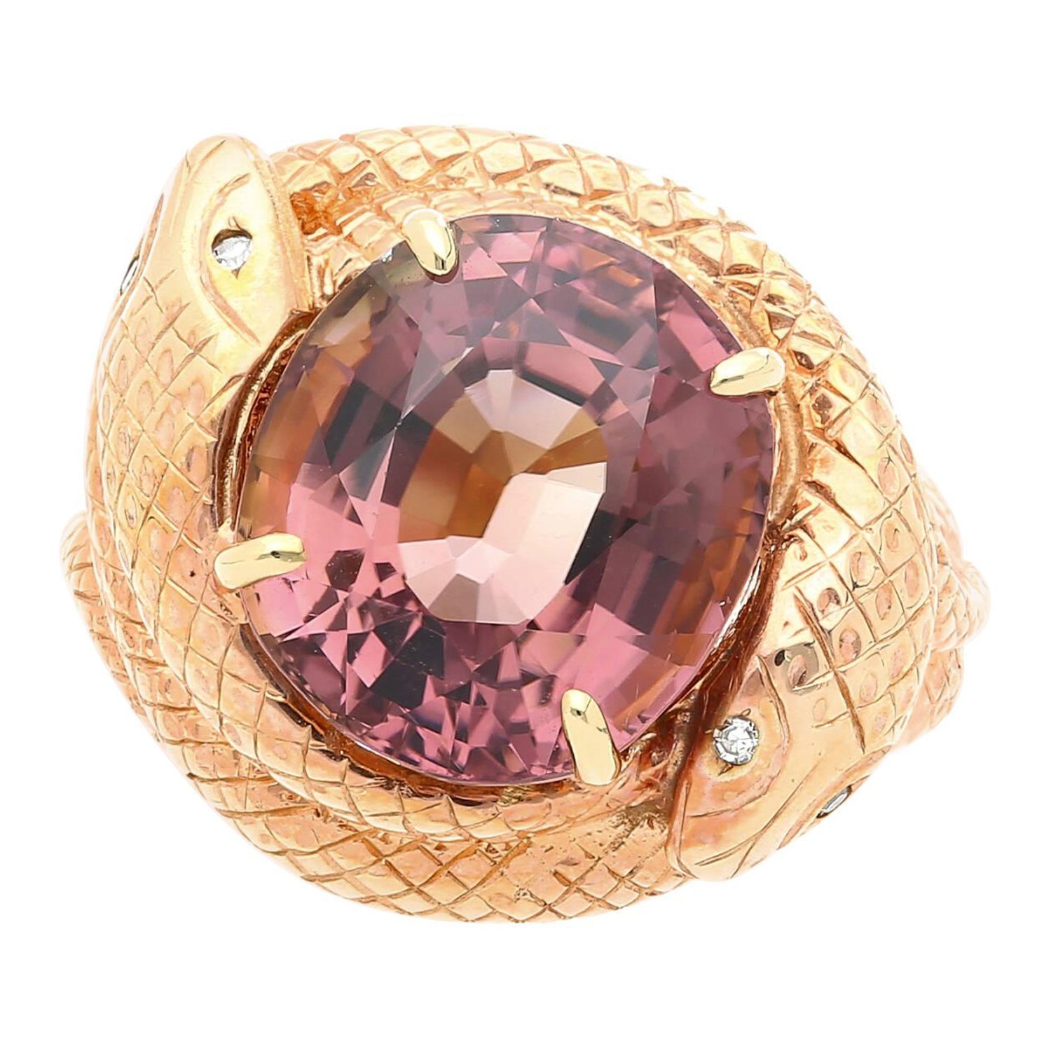 14k Solid Gold Wrapping Serpentine Snake Ring with 10 Carat Pink Tourmaline For Sale