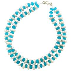 Natural Blue Chalcedony Gems and Rondel Natural Ocean Pearl Necklace 4