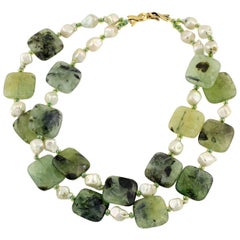 Statement Piece Natural Pearl & Translucent Prehnites Cocktail Necklace