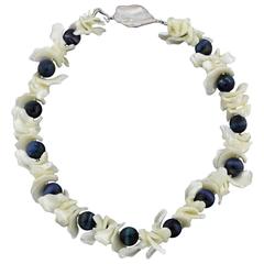 Pearl Shells and Bright Blue Tiger Eye Dramatic Necklace