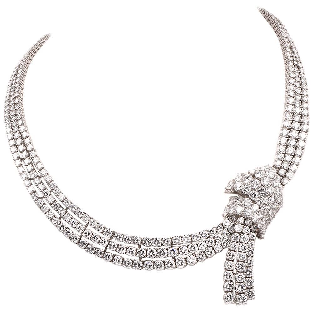 Impressive 73.00 Carat Diamond Platinum Ribbon Decor Riviere Necklace