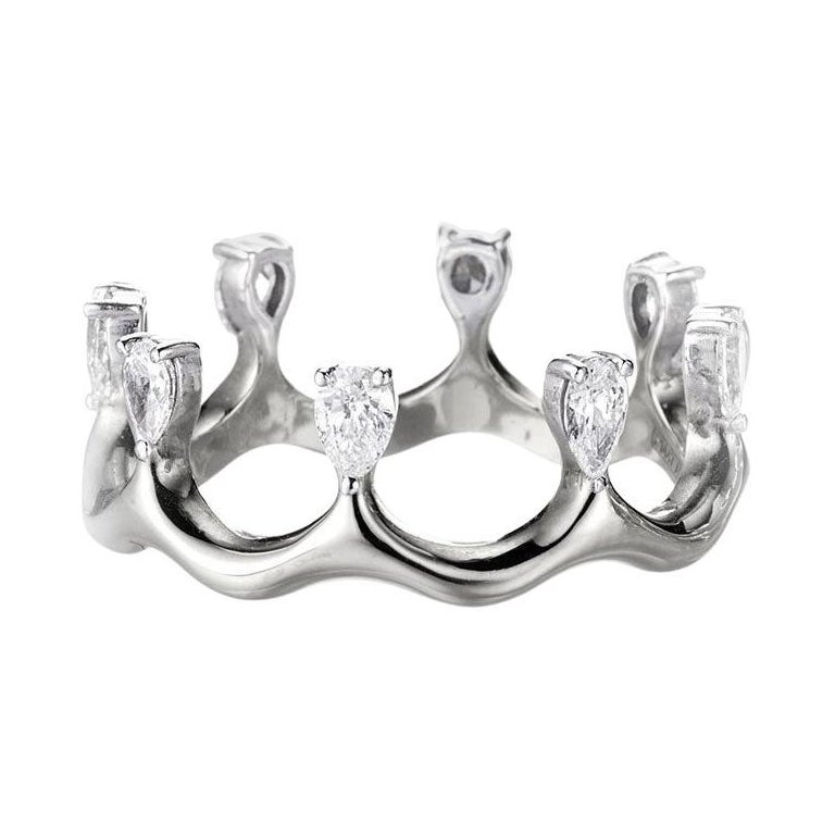 0.67 Carat Diamonds Pear Cut 18 Karat White Gold "Regina" Crown Shaped Ring For Sale