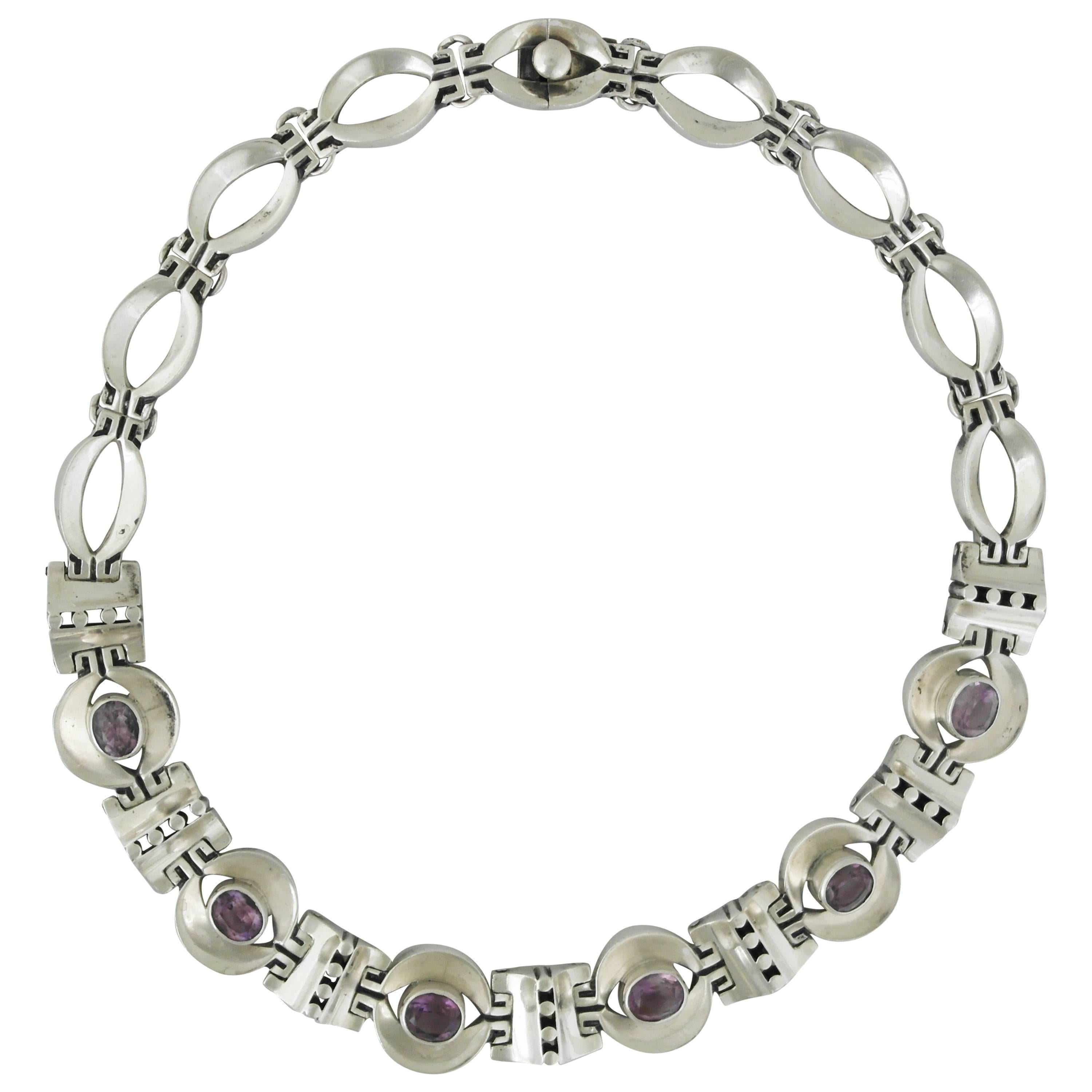 Los Ballesteros Amethysts Sterling Silver Necklace For Sale