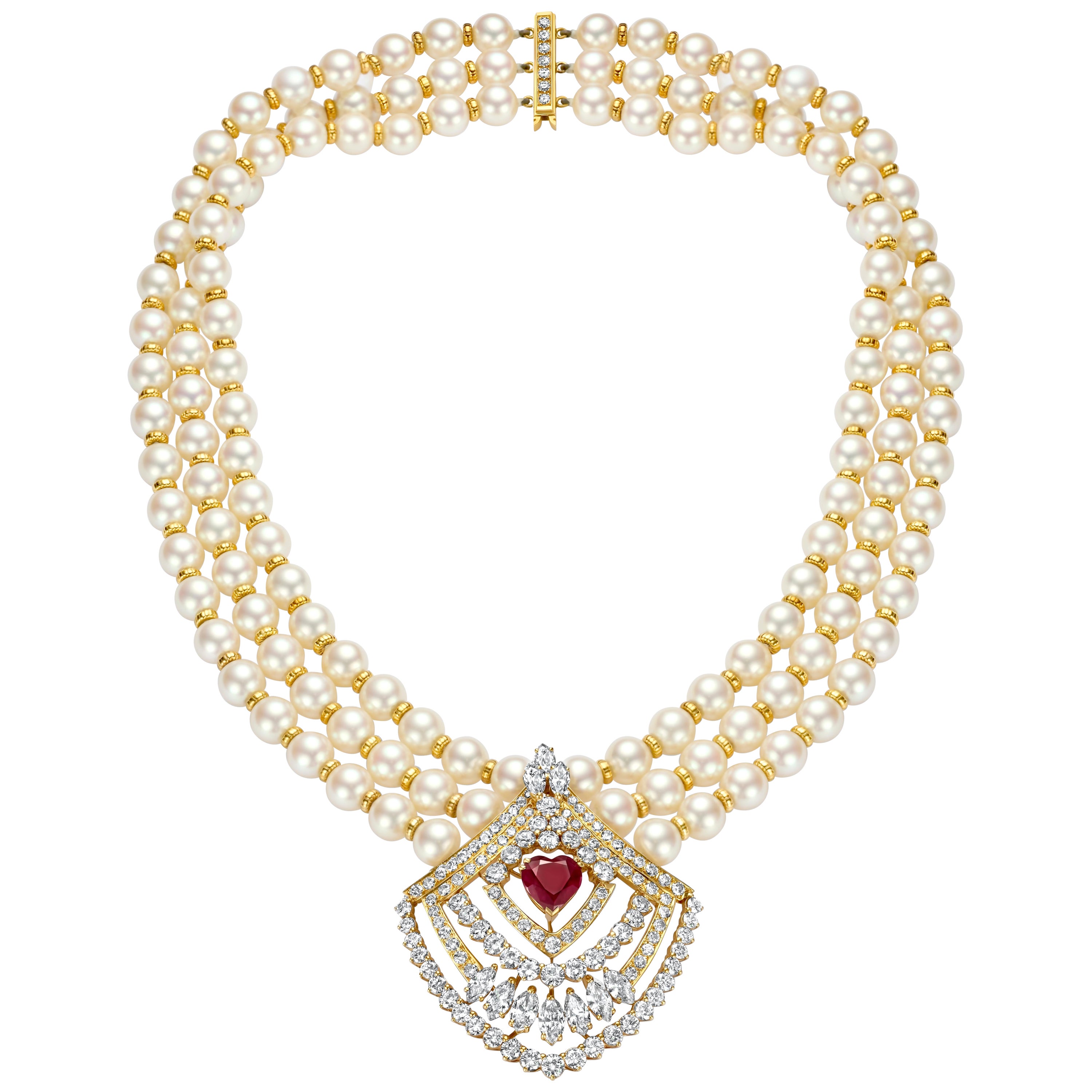 Asprey Co Necklace Pearls 10ct Diamonds, 3.6ct Heart NH Ruby, Estate Sultan Oman For Sale