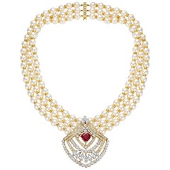Asprey Co Necklace Pearls 10ct Diamonds, 3.6ct Heart NH Ruby, Estate Sultan Oman