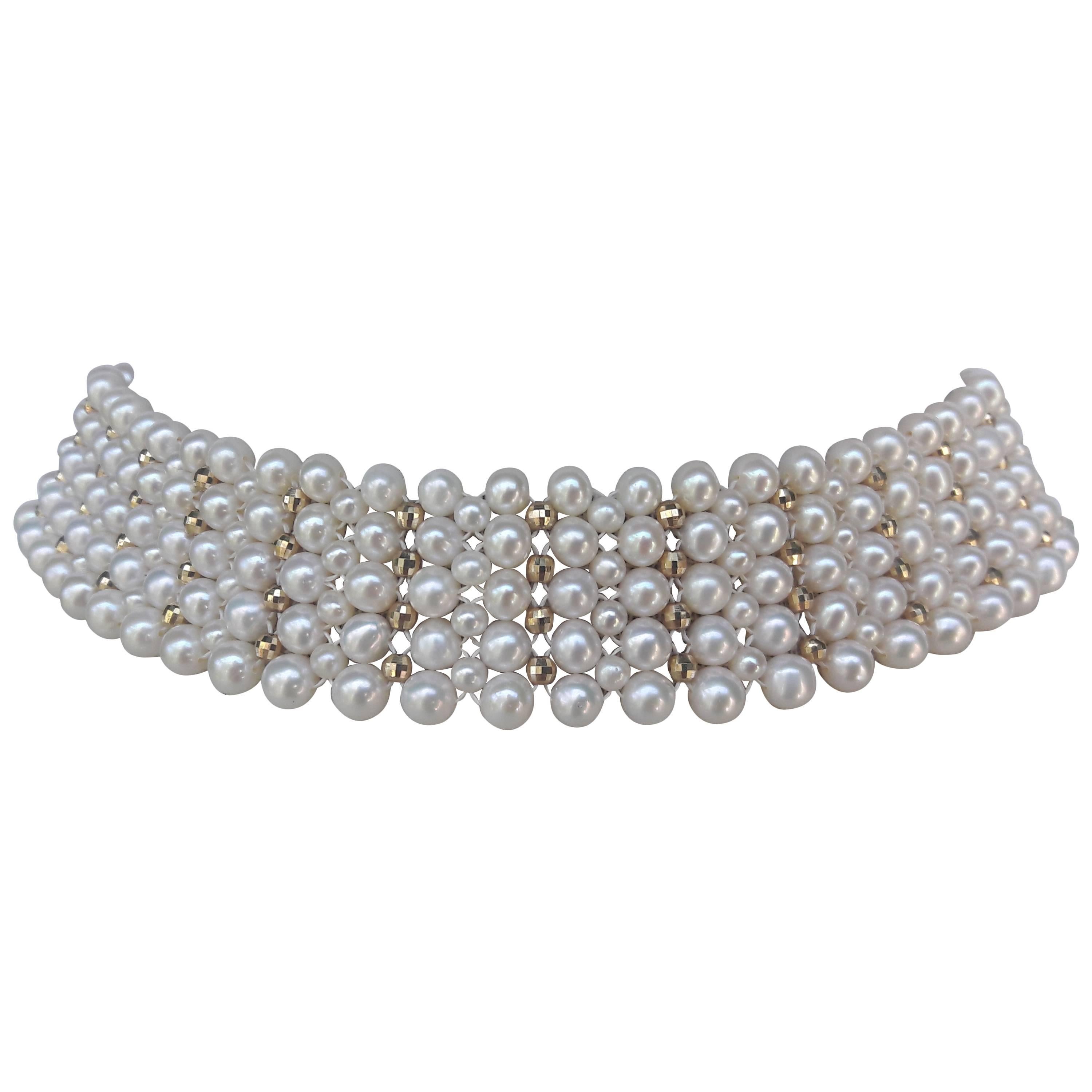 Woven Pearl Choker with Gold Faceted Beads and Adjustable Gold Clasp
