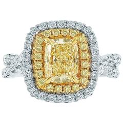 1.60 Carat Cushion Cut Fancy Light Yellow Diamond Pave Gold Engagement Ring