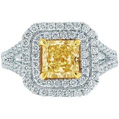 1.53 Carat EGL Cert Radiant Fancy Yellow Diamond Double Halo Engagement Ring