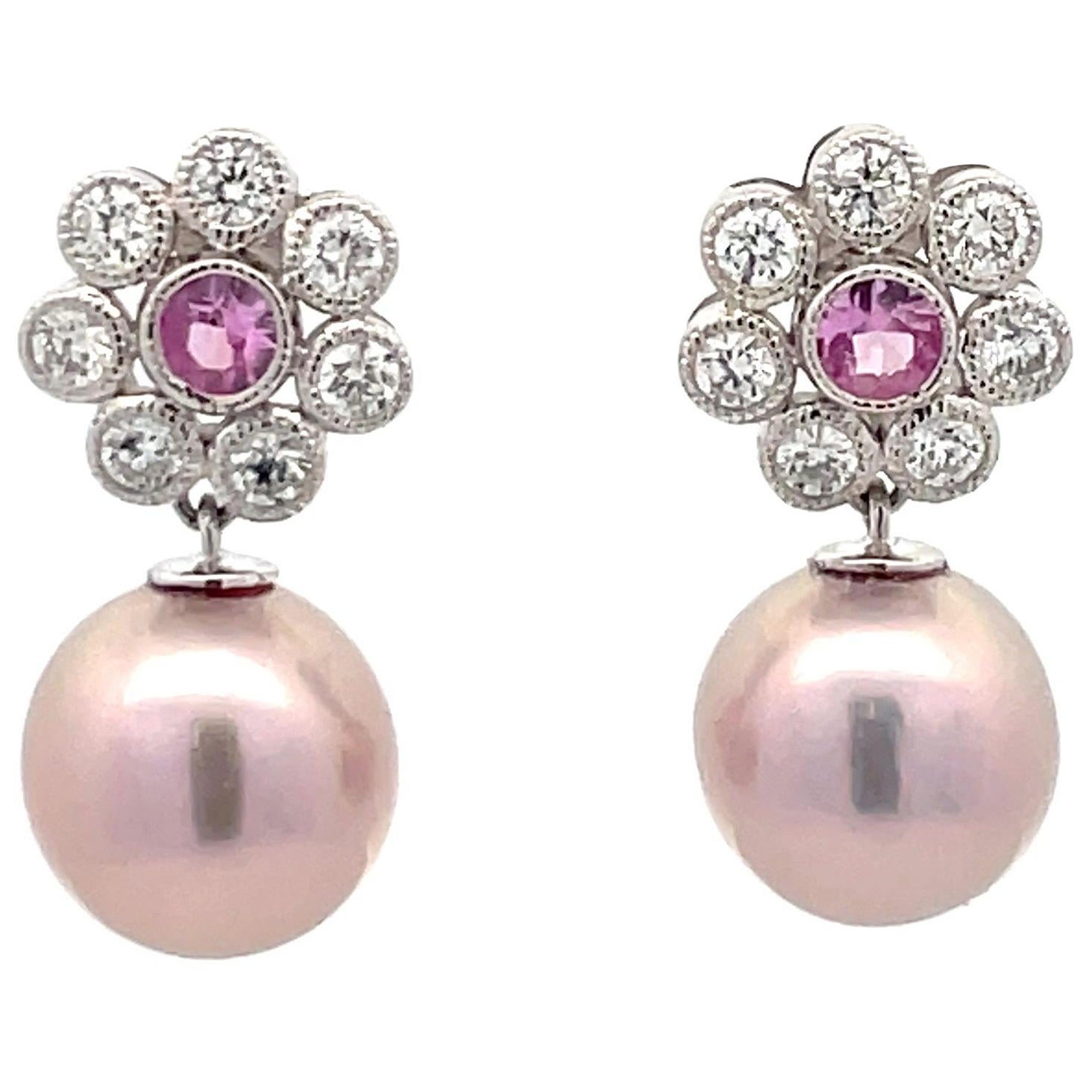 Diamond Pink Sapphire Floral Freshwater Pearl Drop Earrings 1.10 CTTW 10-11 MM For Sale