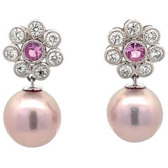 Diamond Pink Sapphire Floral Freshwater Pearl Drop Earrings 1.10 CTTW 10-11 MM