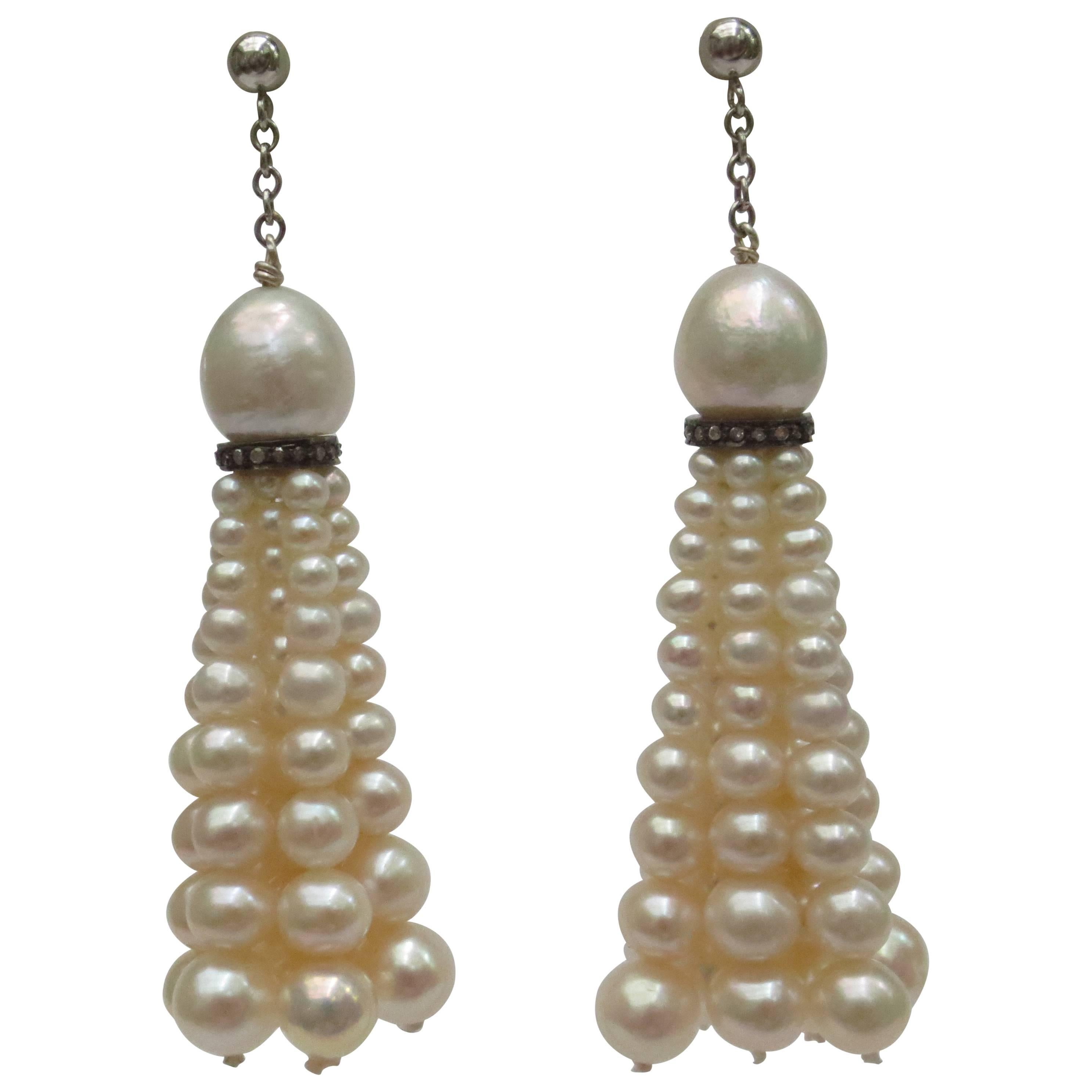 Marina J Graduated Cultured Pearl Tassel Earrings with 14 k  Gold and Diamonds
