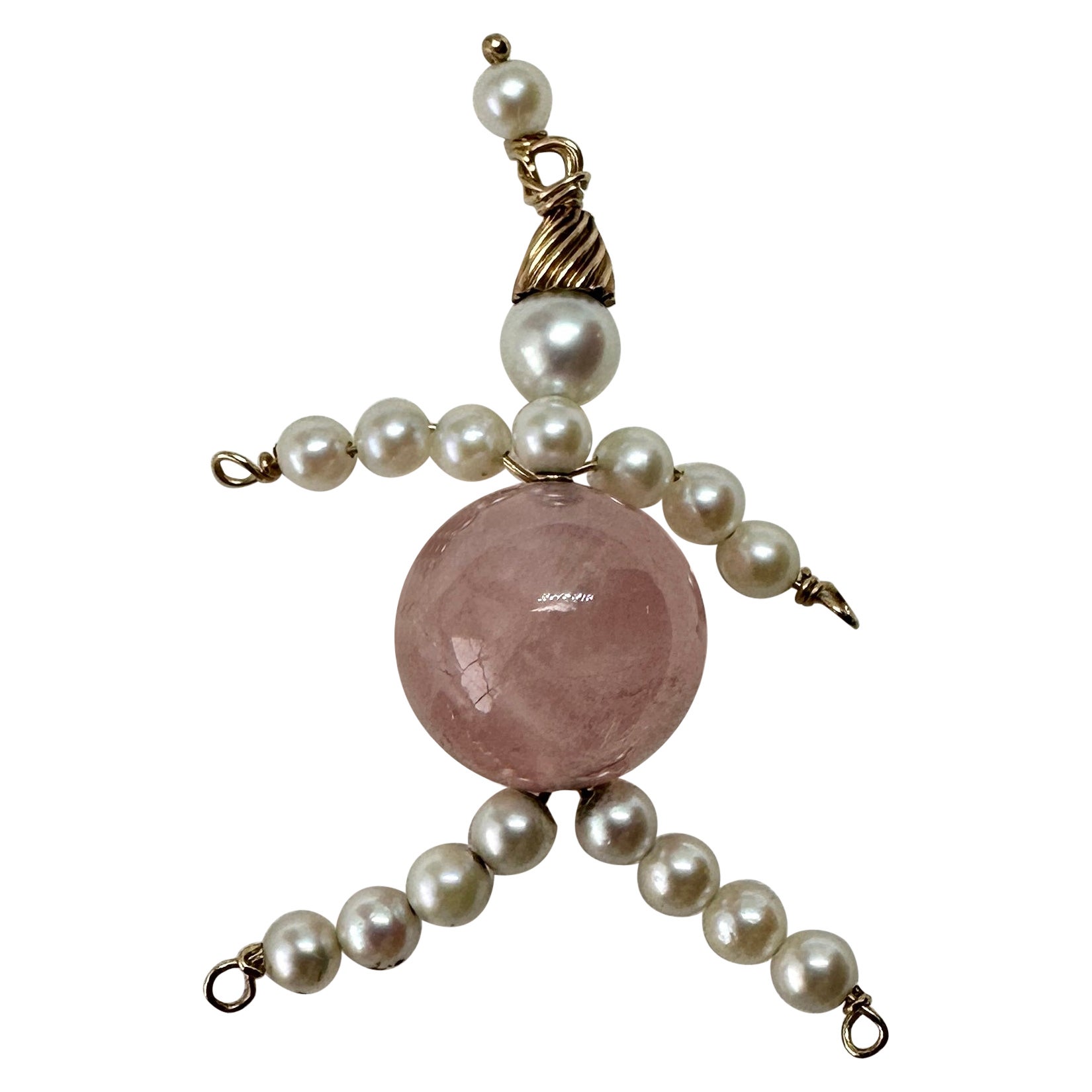 Lady Man Pendant Charm Rose Quartz Pearl 14 Karat Gold Antique Retro For Sale