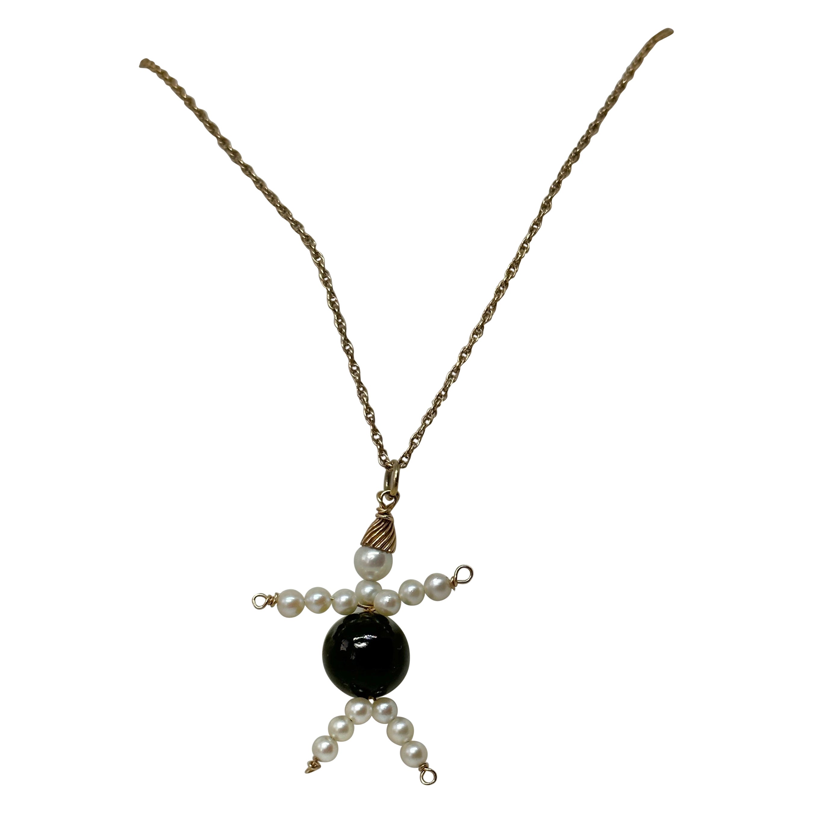 Lady Man Pendant Charm Necklace Black Onyx Pearl 14 Karat Gold Antique Retro For Sale