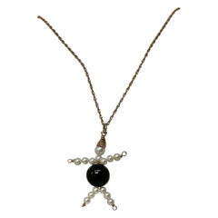 Lady Man Pendant Charm Necklace Black Onyx Pearl 14 Karat Gold Vintage Retro
