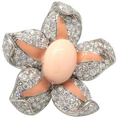 Large Angel Skin Coral Diamond Gold Flower Ring 