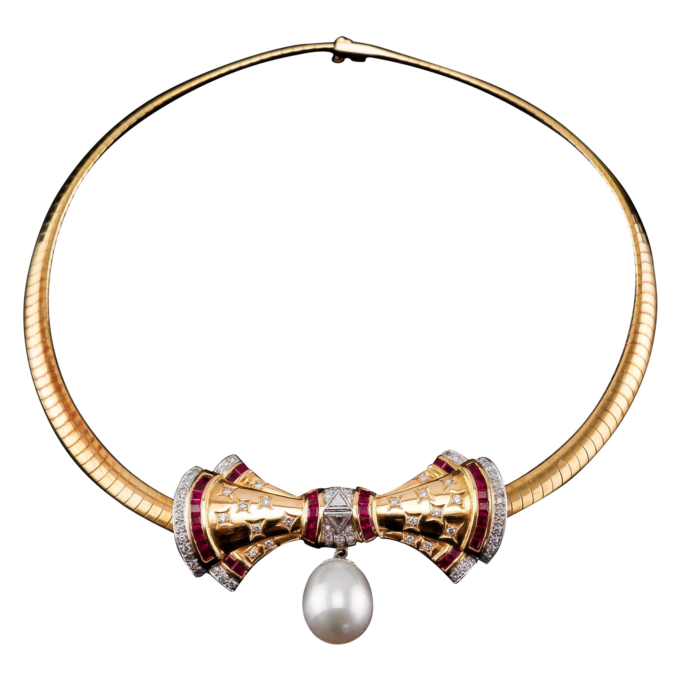 Vintage 18k Gold Ruby, Diamond & Pearl Bow Necklace Choker For Sale