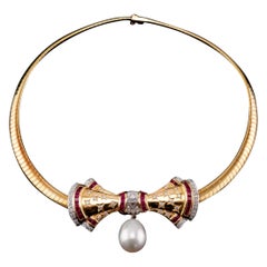 Vintage 18k Gold Ruby, Diamond & Pearl Bow Necklace Choker