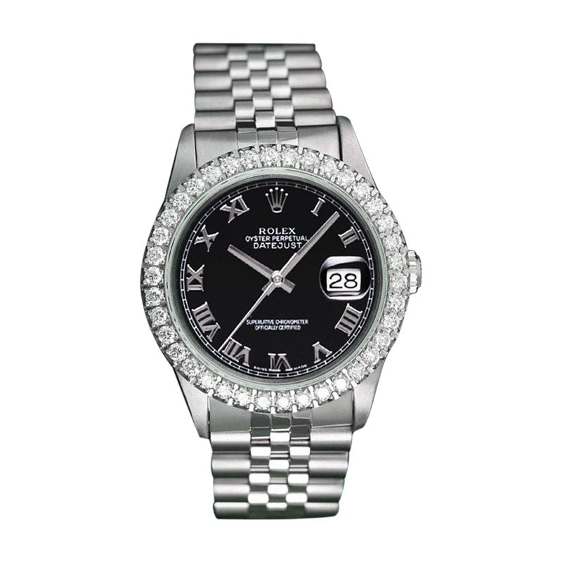 Rolex Datejust Black Roman Dial Diamond Bezel Steel Jubilee Watch For Sale